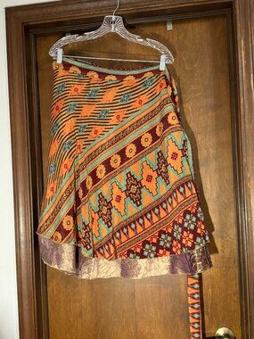 Darn Good Yarn Sari Silk Wrap Skirt Womens Goddess Mini Boho Gypsy Reversible